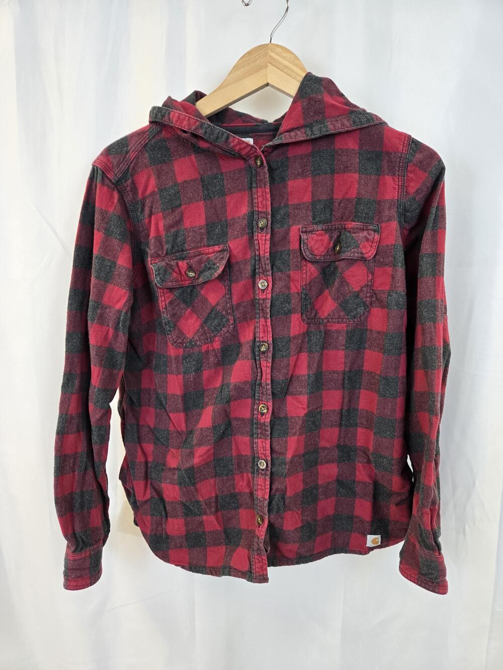 Carhartt Shirt Boys Large 12/14 Red Plaid Hooded Flannel Button Up Top